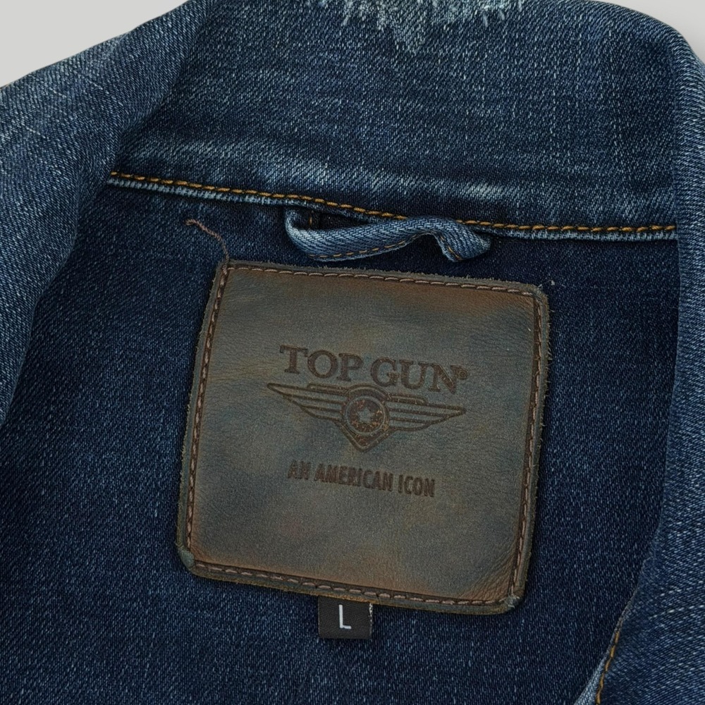 Denim Bomber Jacket with Embroidered Jaguar and Flag Patch - Picture 8 of 11